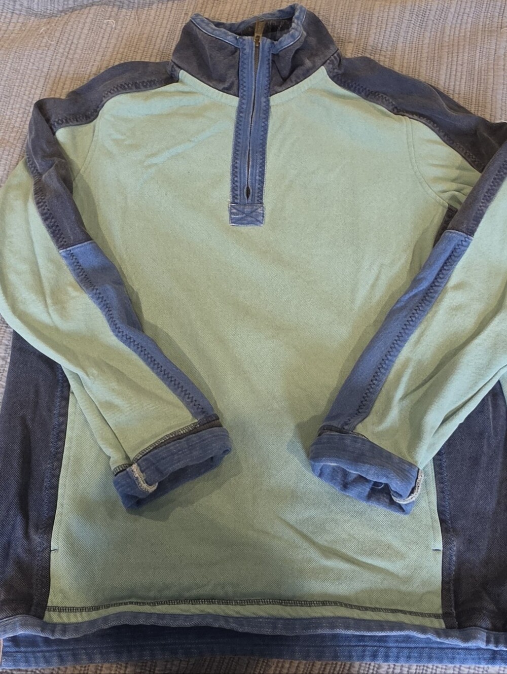 Fat Face Two-Tone Quarter-Zip Pullover in Sage and Denim